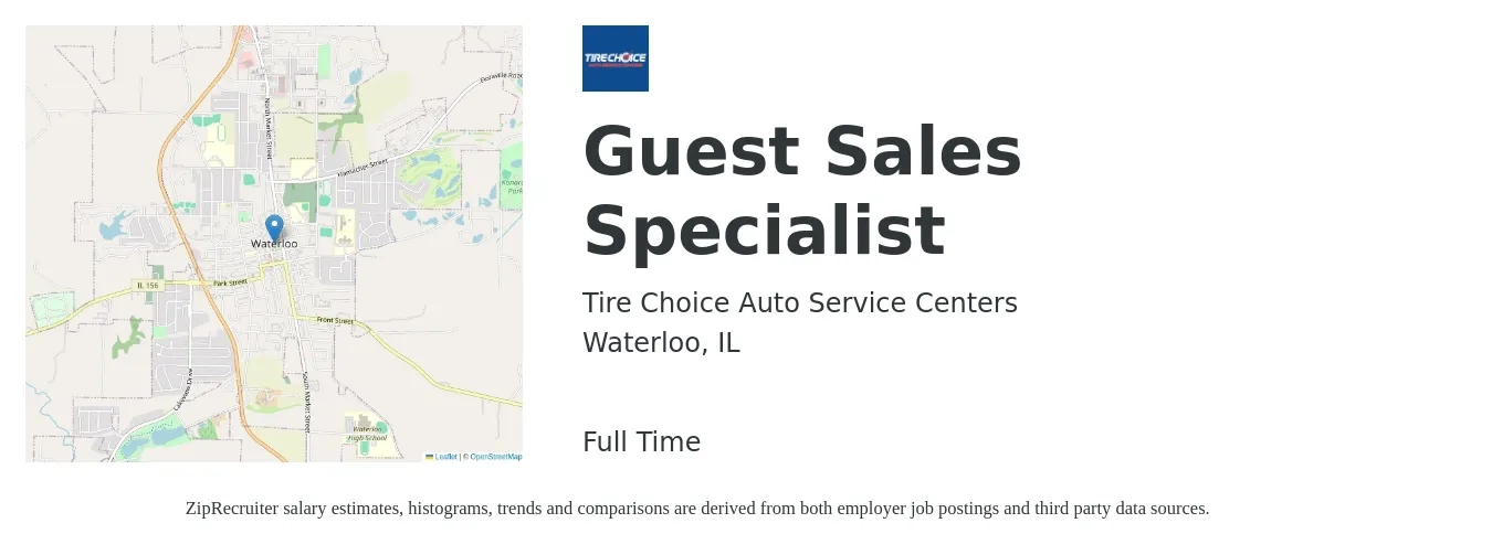 Tire Choice Auto Service Centers job posting for a Guest Sales Specialist in Waterloo, IL with a salary of $42,600 to $70,900 Yearly with a map of Waterloo location.