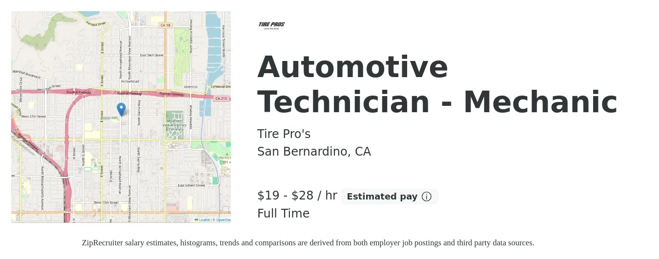 Tire Pro's job posting for a Automotive Technician - Mechanic in San Bernardino, CA with a salary of $20 to $30 Hourly with a map of San Bernardino location.
