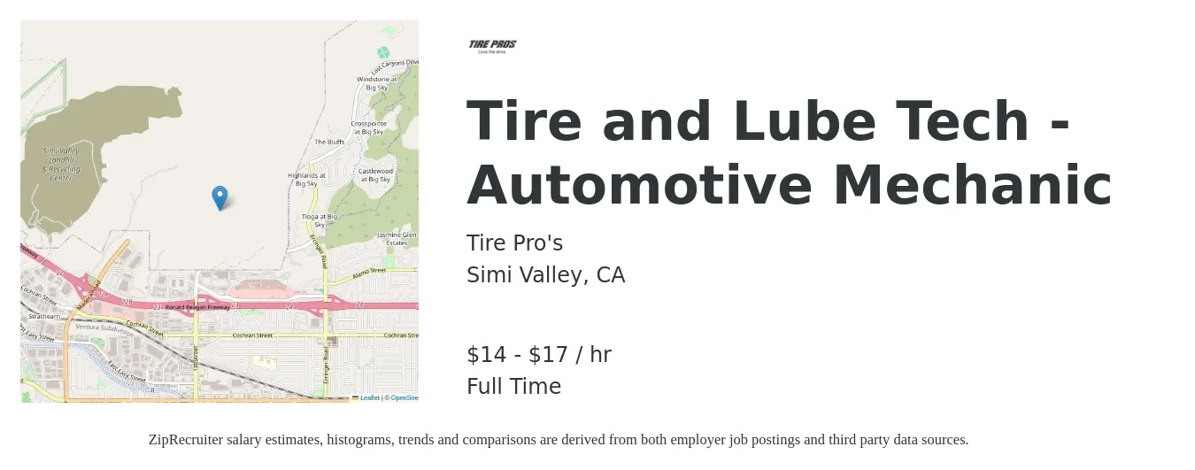 Tire Pro's job posting for a Tire and Lube Tech - Automotive Mechanic in Simi Valley, CA with a salary of $17 to $22 Hourly with a map of Simi Valley location.
