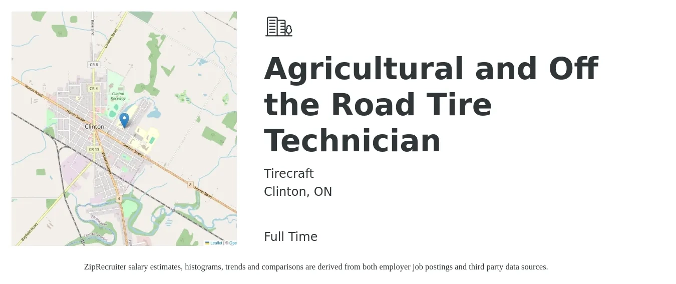 Tirecraft job posting for a Agricultural and Off the Road Tire Technician in Clinton, ON with a map of Clinton location.