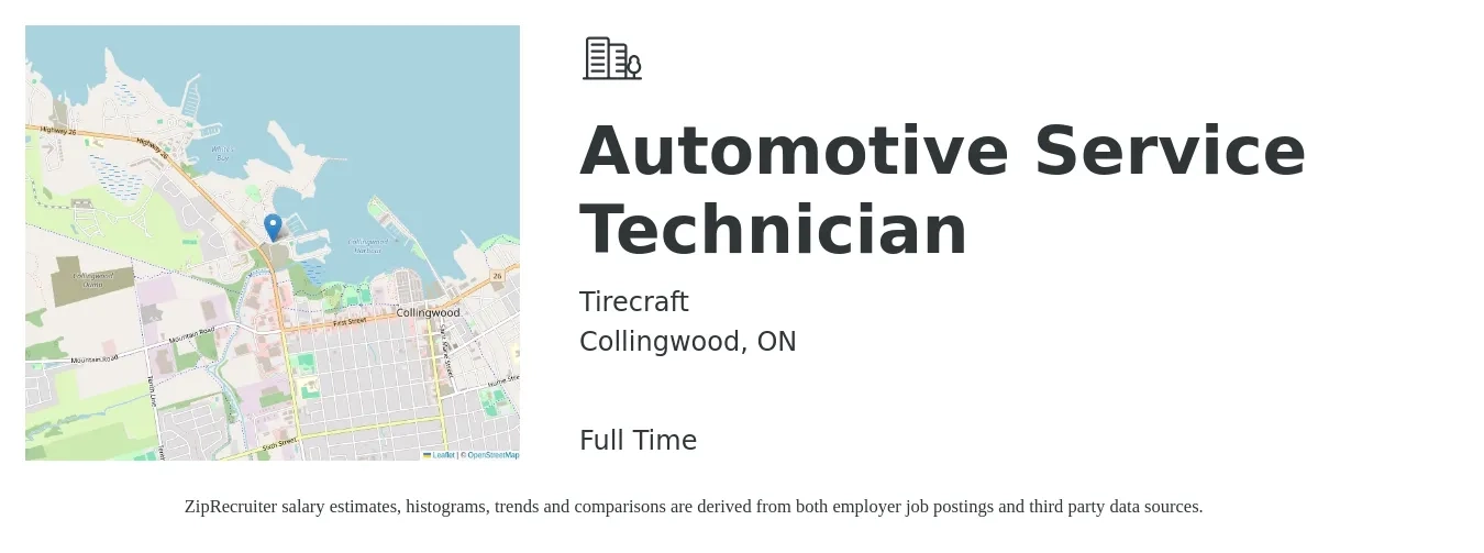 Tirecraft job posting for a Automotive Service Technician in Collingwood, ON with a map of Collingwood location.