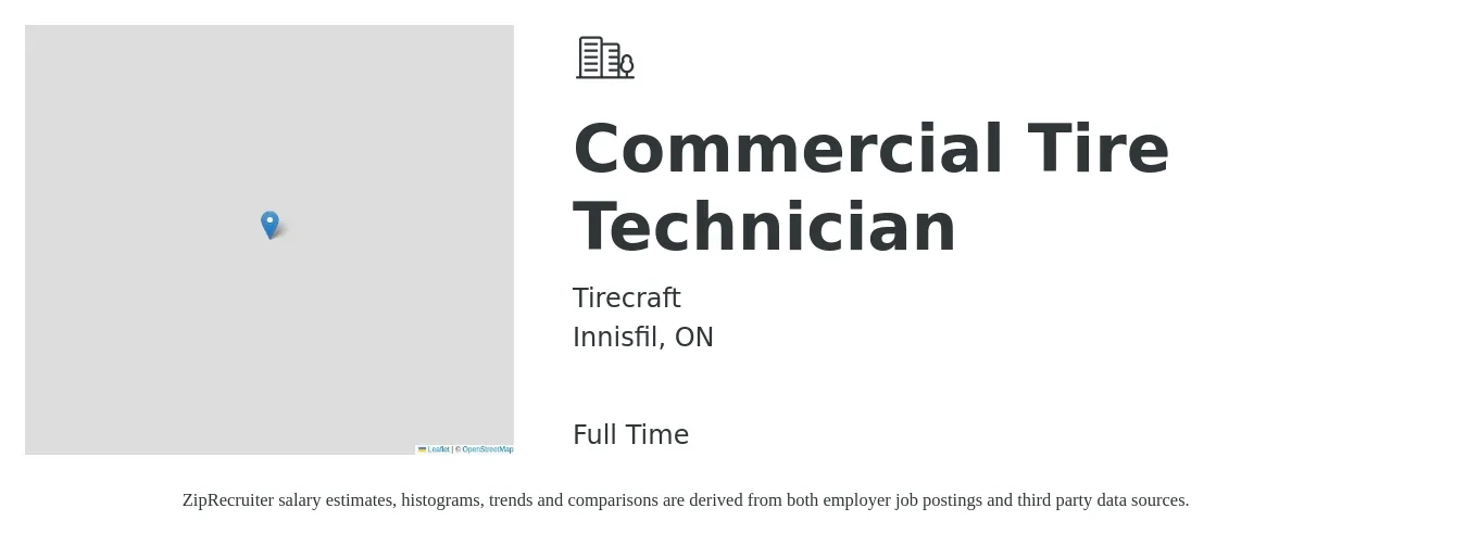 Tirecraft job posting for a Commercial Tire Technician in Innisfil, ON with a map of Innisfil location.