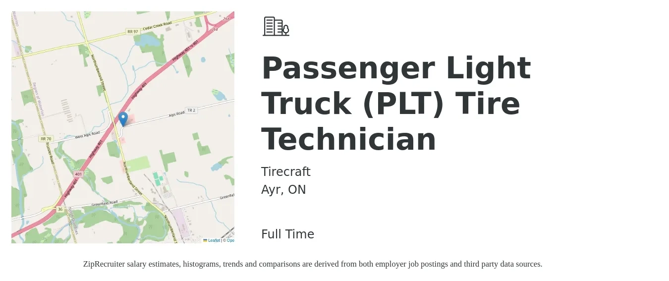 Tirecraft job posting for a Passenger Light Truck (PLT) Tire Technician in Ayr, ON with a map of Ayr location.
