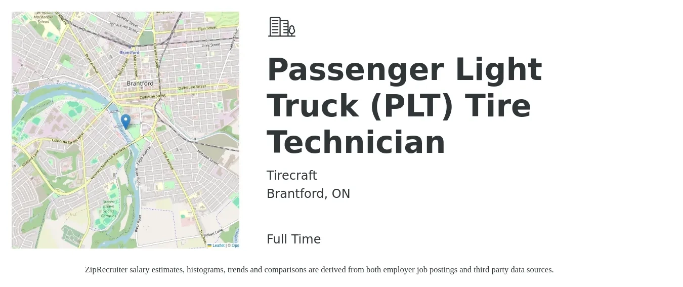 Tirecraft job posting for a Passenger Light Truck (PLT) Tire Technician in Brantford, ON with a map of Brantford location.