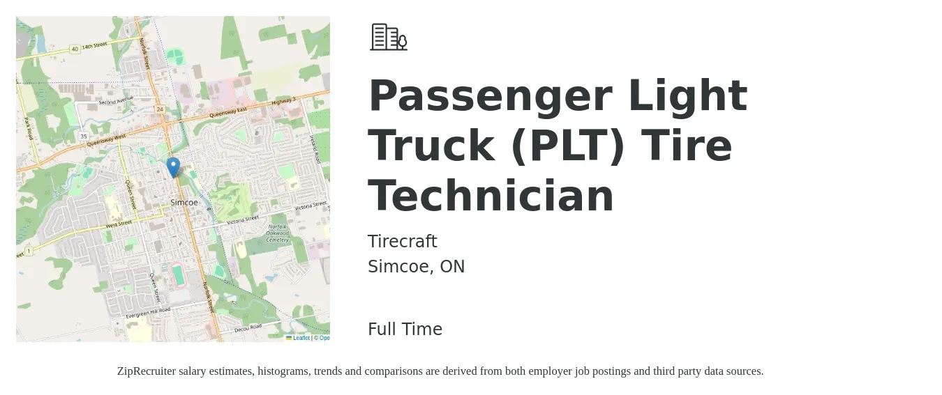 Tirecraft job posting for a Passenger Light Truck (PLT) Tire Technician in Simcoe, ON with a map of Simcoe location.