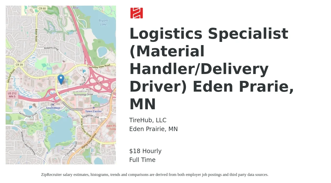 TireHub, LLC job posting for a Logistics Specialist (Material Handler/Delivery Driver) Eden Prarie, MN in Eden Prairie, MN with a salary of $20 Hourly with a map of Eden Prairie location.