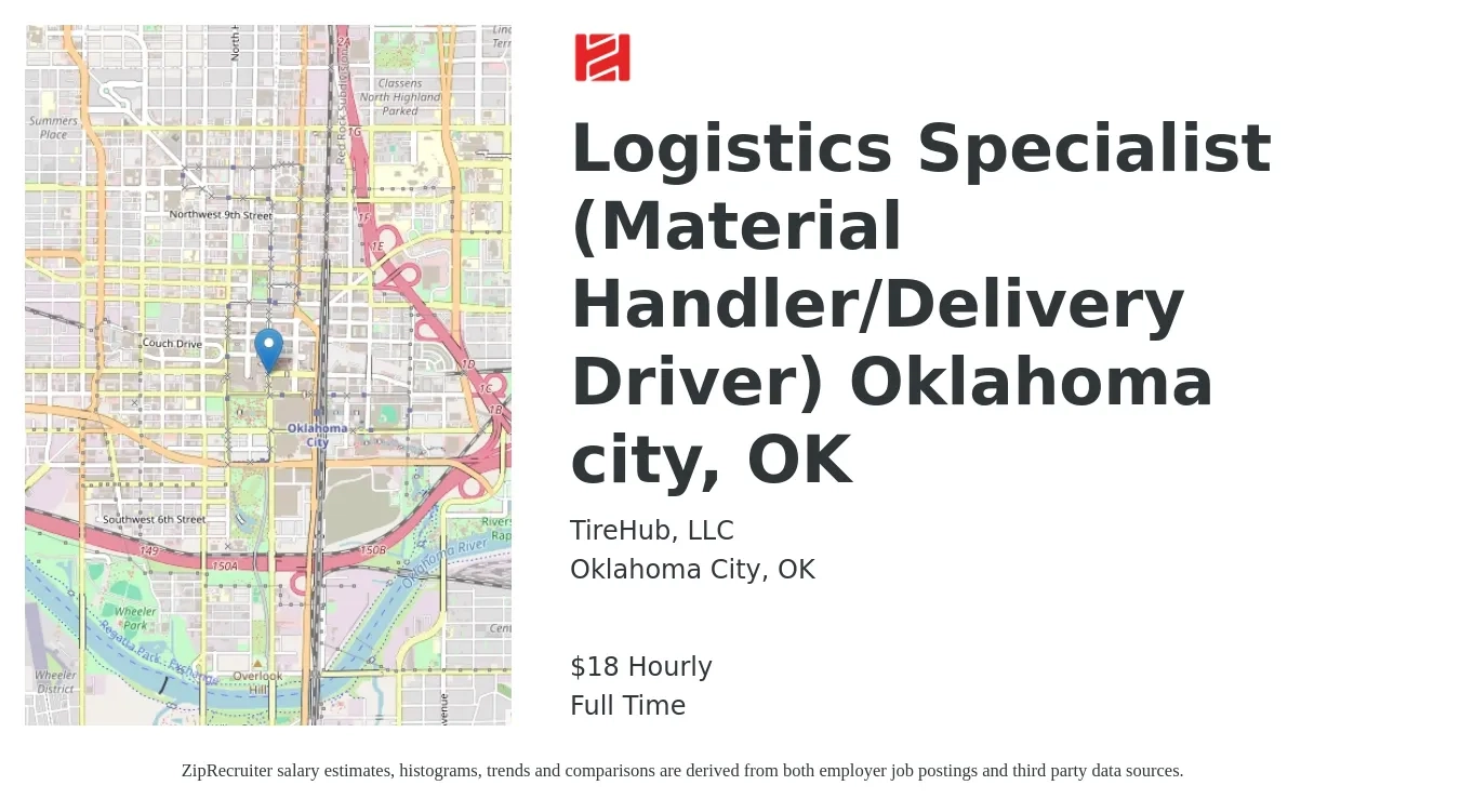 TireHub, LLC job posting for a Logistics Specialist (Material Handler/Delivery Driver) Oklahoma city, OK in Oklahoma City, OK with a salary of $19 Hourly with a map of Oklahoma City location.