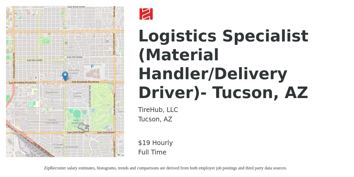 TireHub, LLC job posting for a Logistics Specialist (Material Handler/Delivery Driver)- Tucson, AZ in Tucson, AZ with a salary of $20 Hourly with a map of Tucson location.