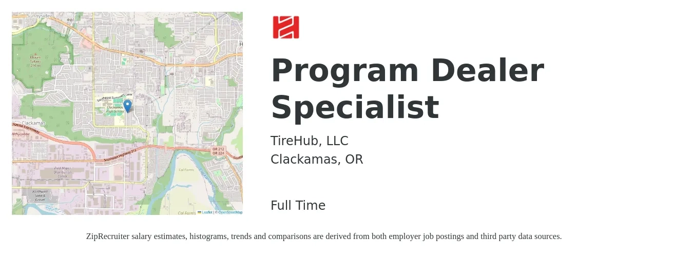 TireHub job posting for a Program Dealer Specialist in Clackamas, OR with a salary of $52,600 to $83,100 Yearly with a map of Clackamas location.