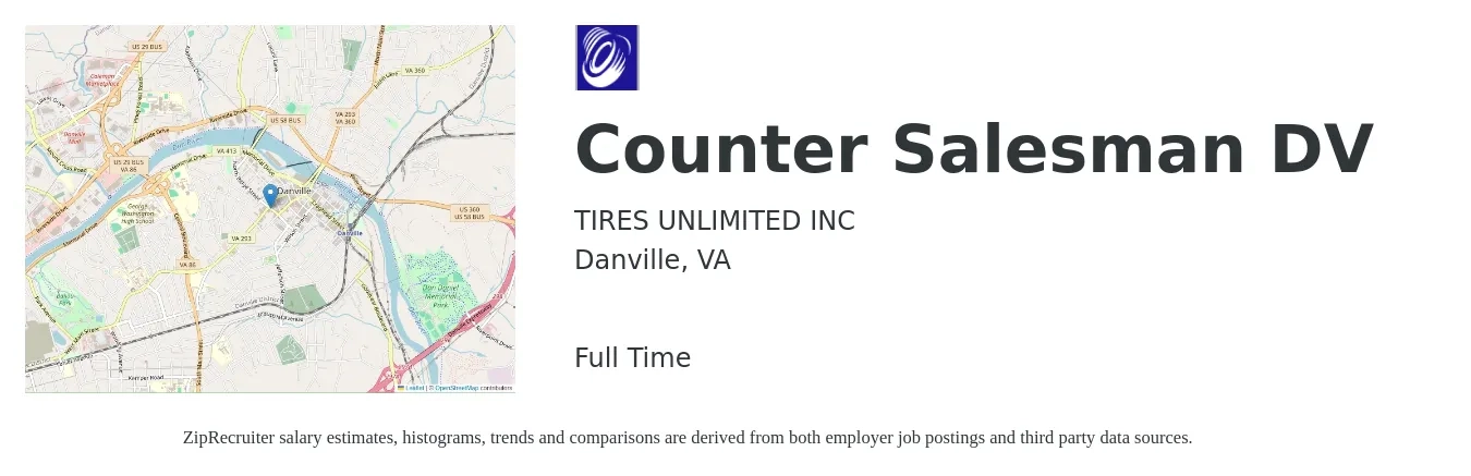 TIRES UNLIMITED INC job posting for a Counter Salesman DV in Danville, VA with a salary of $15 to $20 Hourly with a map of Danville location.