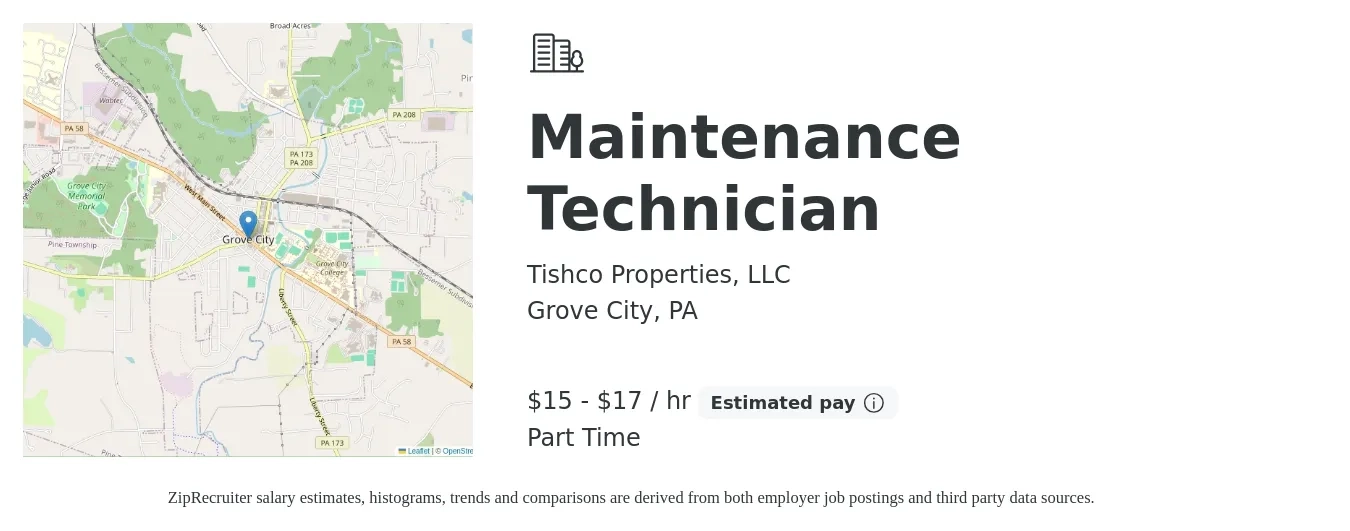 Tishco Properties, LLC job posting for a Maintenance Technician in Grove City, PA with a salary of $16 to $18 Hourly with a map of Grove City location.