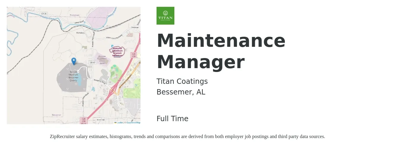 Titan Coatings job posting for a Maintenance Manager in Bessemer, AL with a salary of $22 to $36 Hourly with a map of Bessemer location.