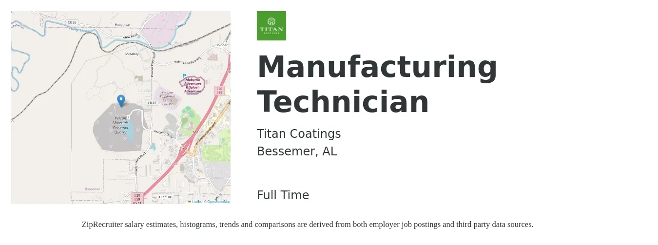 Titan Coatings job posting for a Manufacturing Technician in Bessemer, AL with a salary of $19 to $27 Hourly with a map of Bessemer location.