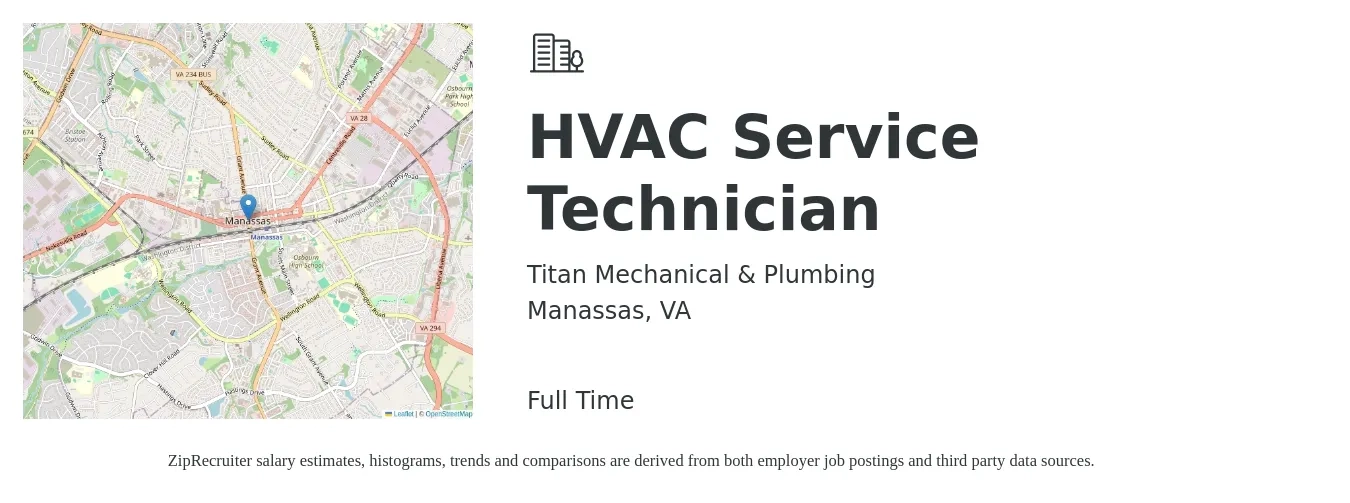Titan Mechanical & Plumbing job posting for a HVAC Service Technician in Manassas, VA with a salary of $24 to $34 Hourly with a map of Manassas location.