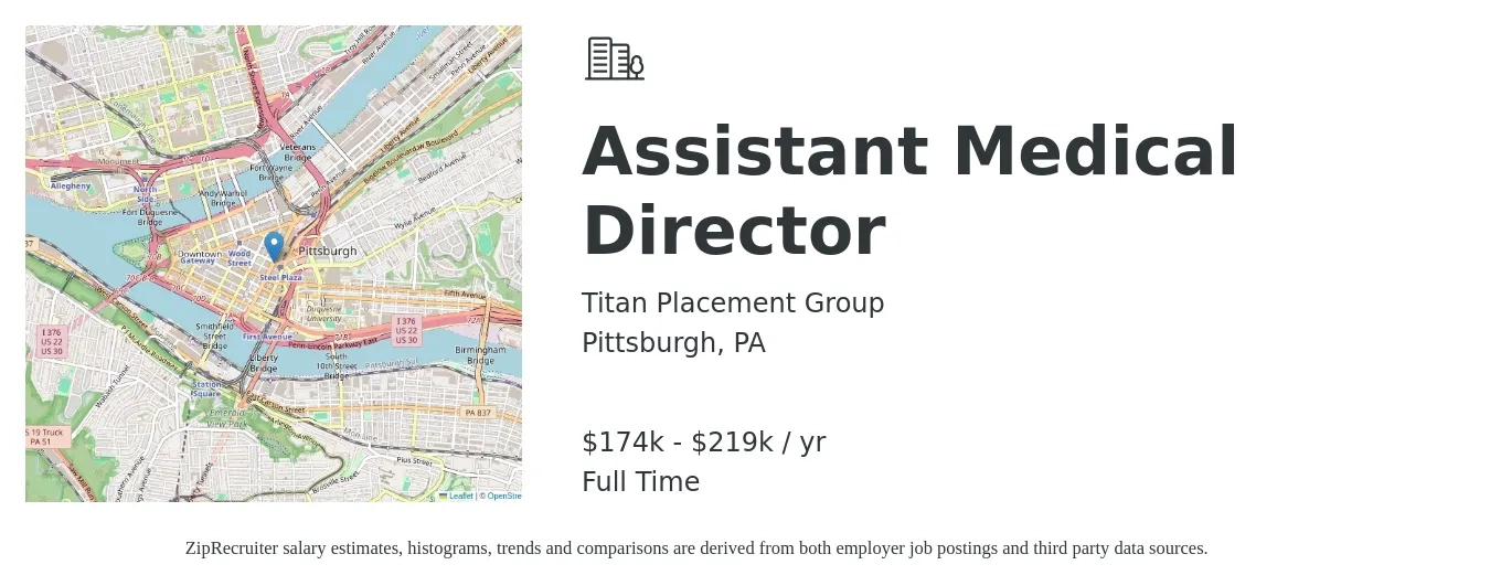 Titan Placement Group job posting for a Assistant Medical Director in Pittsburgh, PA with a salary of $174,000 to $219,000 Yearly with a map of Pittsburgh location.