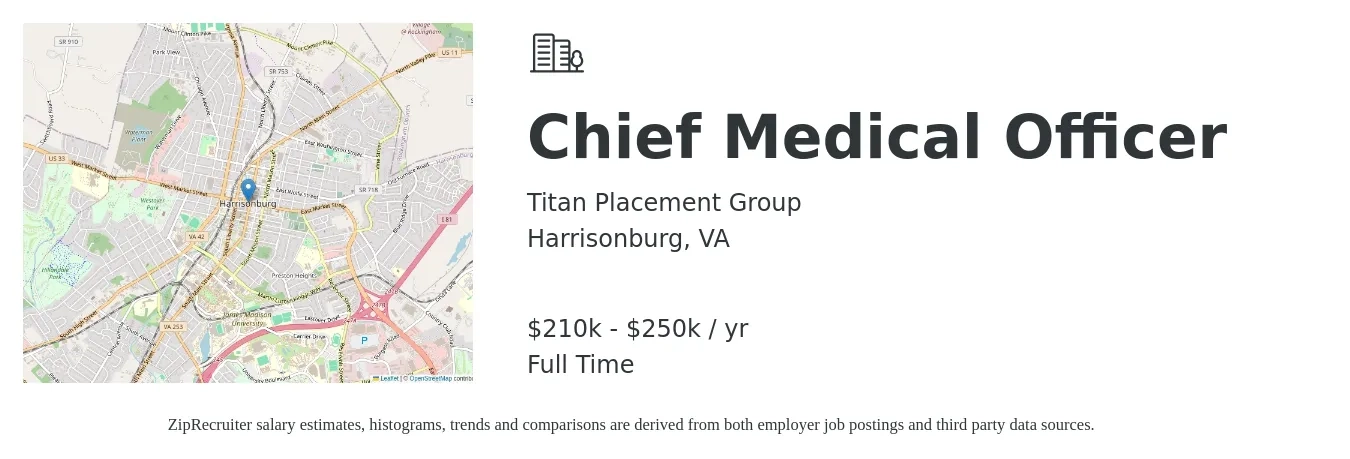 Titan Placement Group job posting for a Chief Medical Officer in Harrisonburg, VA with a salary of $210,000 to $250,000 Yearly with a map of Harrisonburg location.