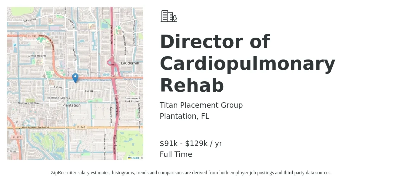 Titan Placement Group job posting for a Director of Cardiopulmonary Rehab in Plantation, FL with a salary of $91,000 to $129,100 Yearly with a map of Plantation location.