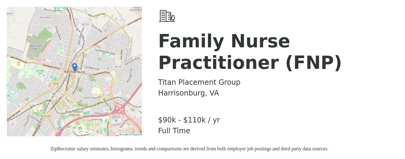 Titan Placement Group job posting for a Family Nurse Practitioner (FNP) in Harrisonburg, VA with a salary of $90,000 to $110,000 Yearly with a map of Harrisonburg location.