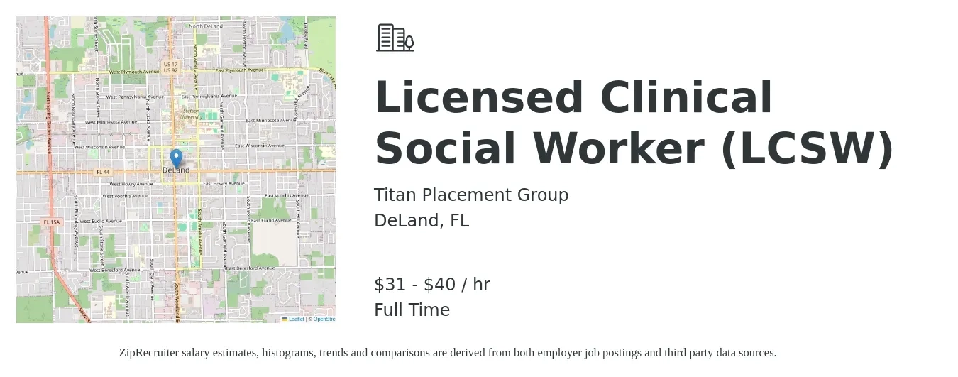 Titan Placement Group job posting for a Licensed Clinical Social Worker (LCSW) in DeLand, FL with a salary of $33 to $42 Hourly with a map of DeLand location.