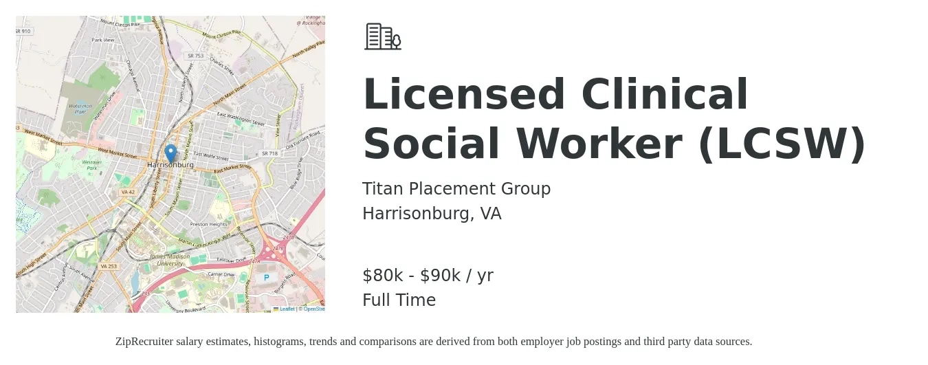 Titan Placement Group job posting for a Licensed Clinical Social Worker (LCSW) in Harrisonburg, VA with a salary of $80,000 to $90,000 Yearly with a map of Harrisonburg location.