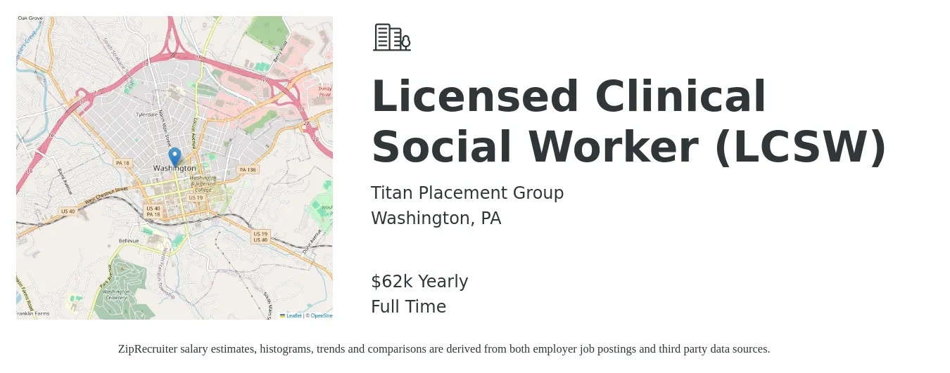 Titan Placement Group job posting for a Licensed Clinical Social Worker (LCSW) in Washington, PA with a salary of $62,421 Yearly with a map of Washington location.
