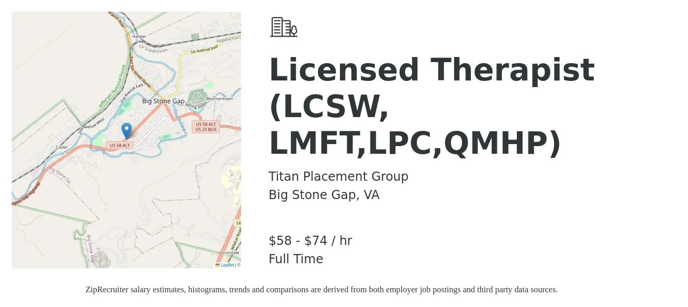 Titan Placement Group job posting for a Licensed Therapist (LCSW, LMFT,LPC,QMHP) in Big Stone Gap, VA with a salary of $60 to $78 Hourly with a map of Big Stone Gap location.