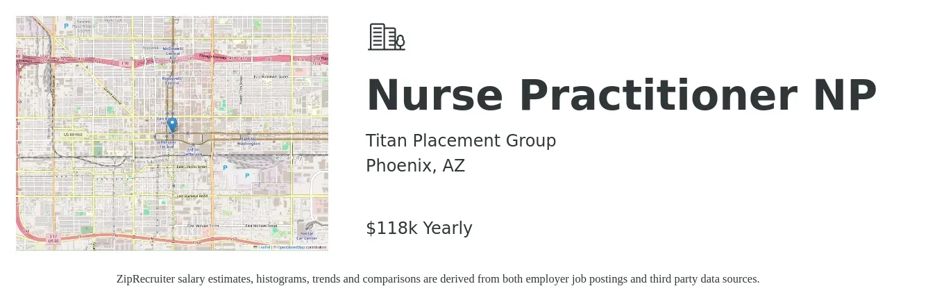 Titan Placement Group job posting for a Nurse Practitioner (NP) in Phoenix, AZ with a salary of $135,000 Yearly with a map of Phoenix location.