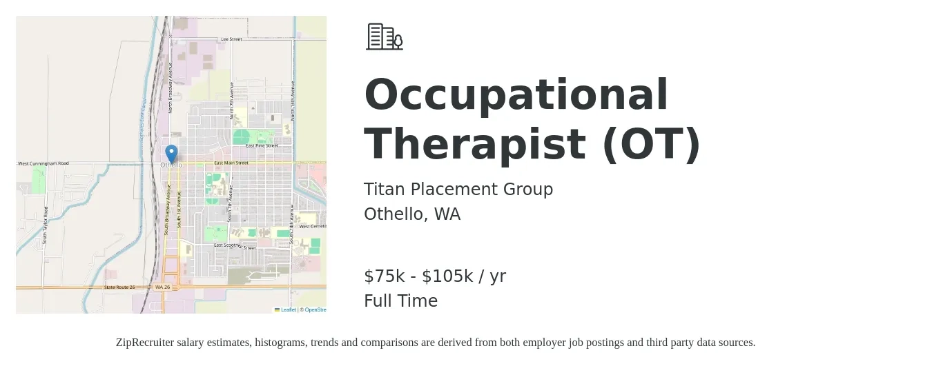 Titan Placement Group job posting for a Occupational Therapist (OT) in Othello, WA with a salary of $75,000 to $105,000 Yearly with a map of Othello location.