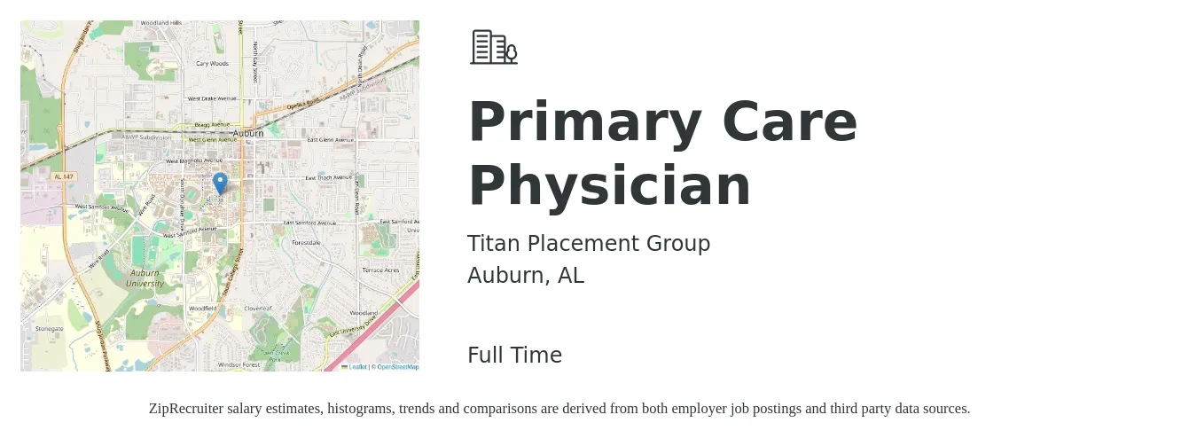 Titan Placement Group job posting for a Primary Care Physician in Auburn, AL with a salary of $163,100 to $209,900 Yearly with a map of Auburn location.