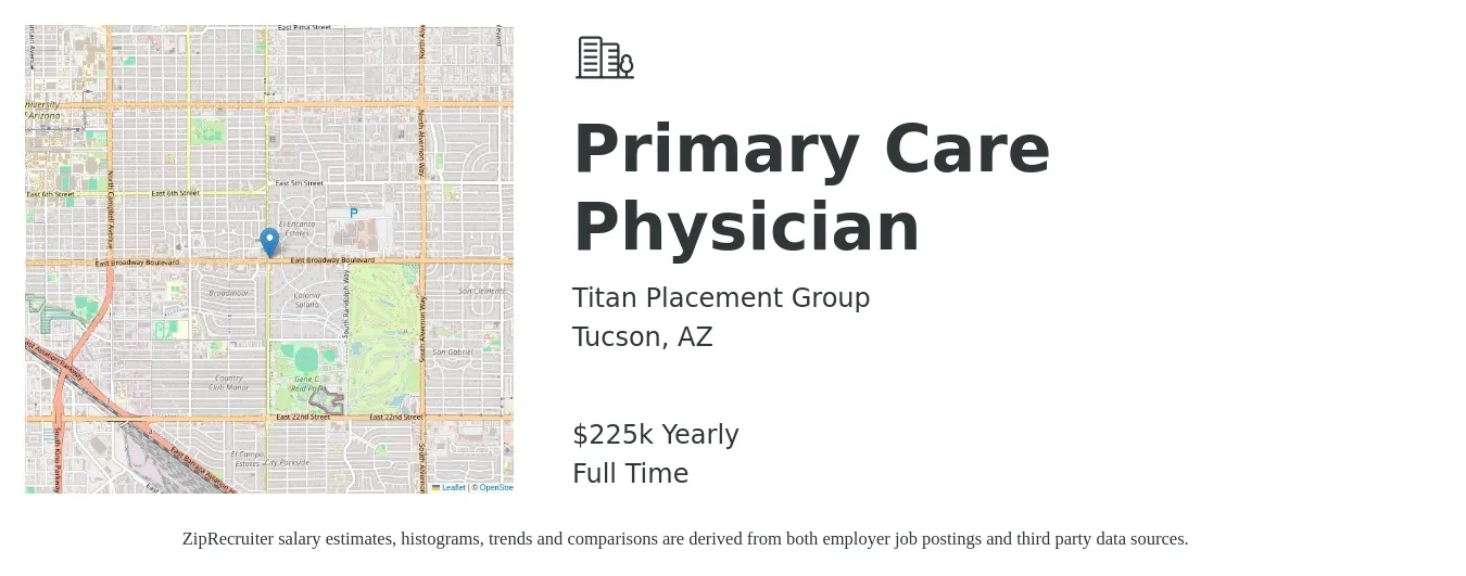 Titan Placement Group job posting for a Primary Care Physician in Tucson, AZ with a salary of $225,000 Yearly with a map of Tucson location.
