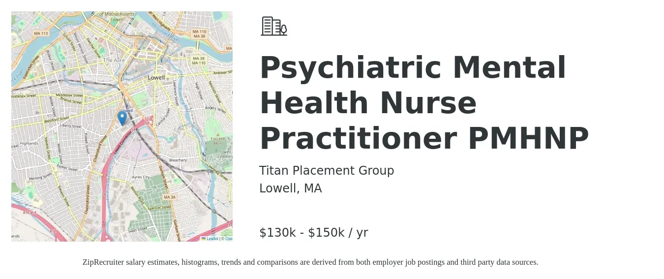 Titan Placement Group job posting for a Psychiatric Mental Health Nurse Practitioner (PMHNP) in Lowell, MA with a salary of $130,000 to $156,395 Yearly with a map of Lowell location.