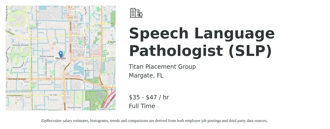 Titan Placement Group job posting for a Speech Language Pathologist (SLP) in Margate, FL with a salary of $37 to $49 Hourly with a map of Margate location.