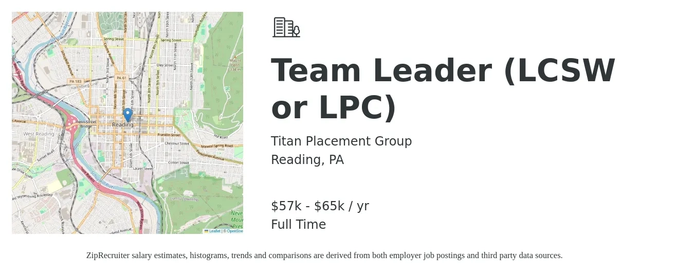 Titan Placement Group job posting for a Team Leader (LCSW or LPC) in Reading, PA with a salary of $57,200 to $65,800 Yearly with a map of Reading location.