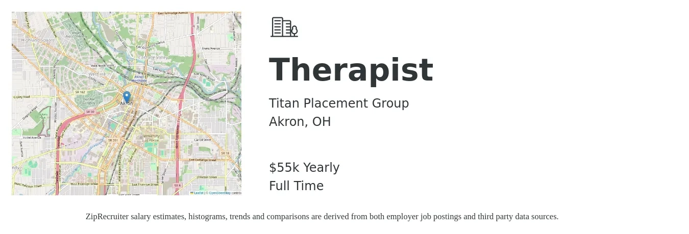 Titan Placement Group job posting for a Therapist in Akron, OH with a salary of $55,000 Yearly with a map of Akron location.