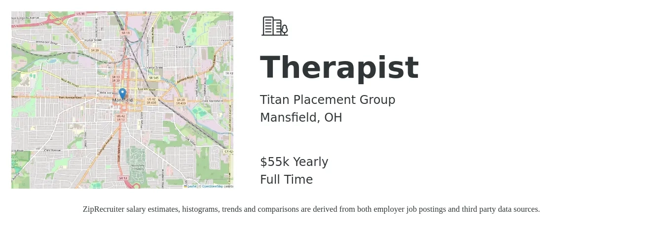 Titan Placement Group job posting for a Therapist in Mansfield, OH with a salary of $55,000 Yearly with a map of Mansfield location.