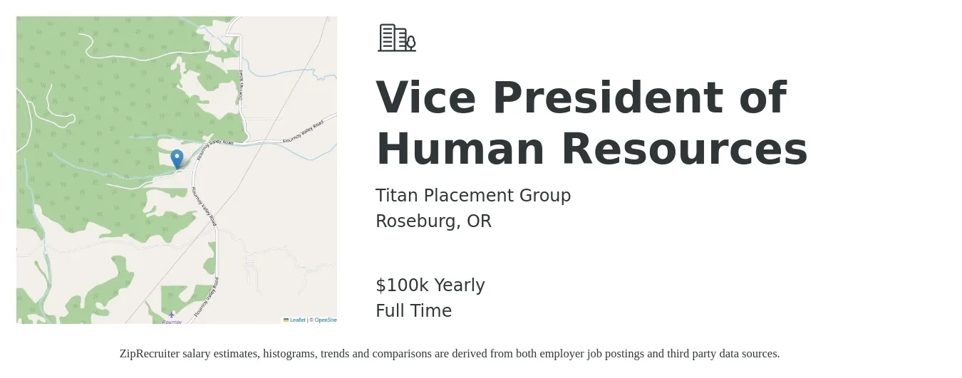Titan Placement Group job posting for a Vice President of Human Resources in Roseburg, OR with a salary of $100,000 Yearly with a map of Roseburg location.