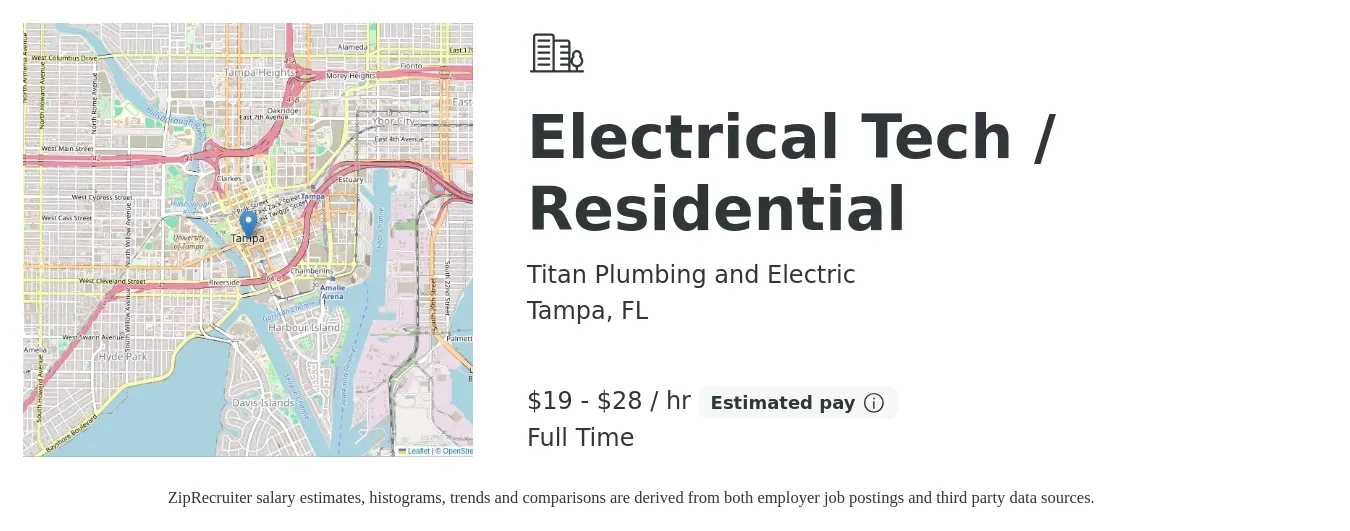 Titan Plumbing and Electric job posting for a Electrical Tech / Residential in Tampa, FL with a salary of $20 to $30 Hourly with a map of Tampa location.