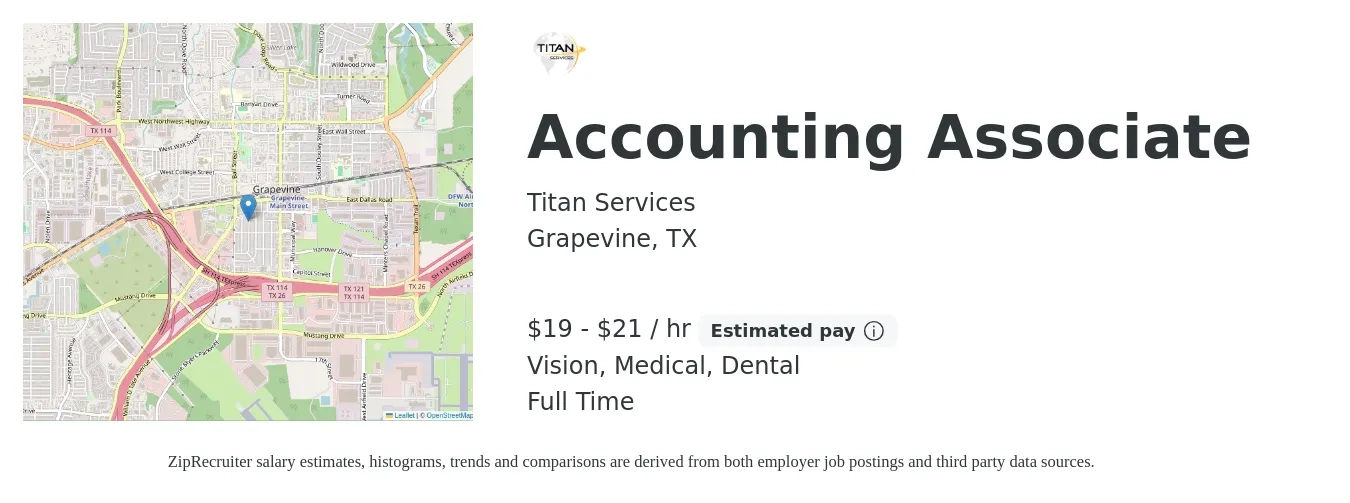 Titan Services job posting for a Accounting Associate in Grapevine, TX with a salary of $20 to $22 Hourly and benefits including dental, life_insurance, medical, retirement, and vision with a map of Grapevine location.