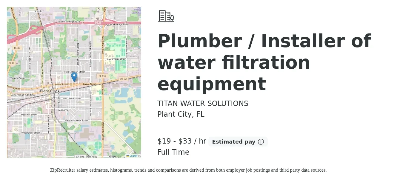 TITAN WATER SOLUTIONS job posting for a Plumber / Installer of water filtration equipment in Plant City, FL with a salary of $20 to $35 Hourly with a map of Plant City location.