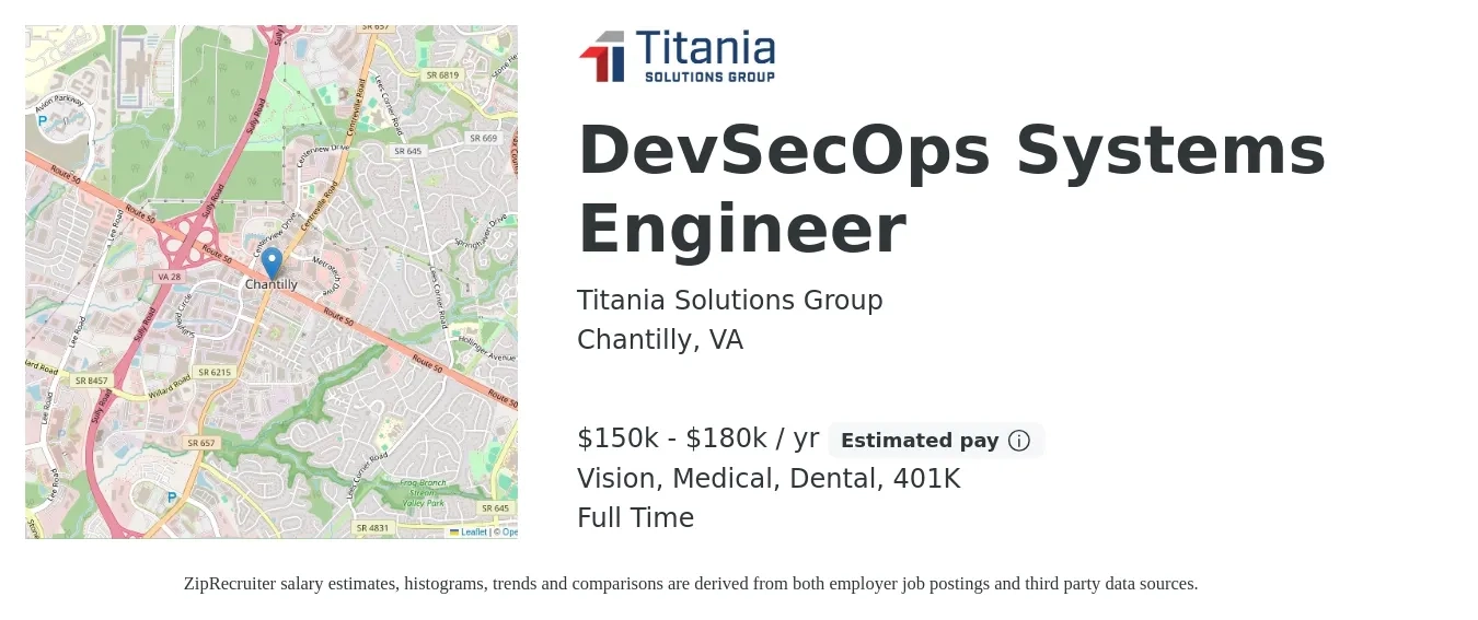 Titania Solutions Group, Inc. job posting for a DevSecOps Systems Engineer in Chantilly, VA with a salary of $160,000 to $210,000 Yearly with a map of Chantilly location.