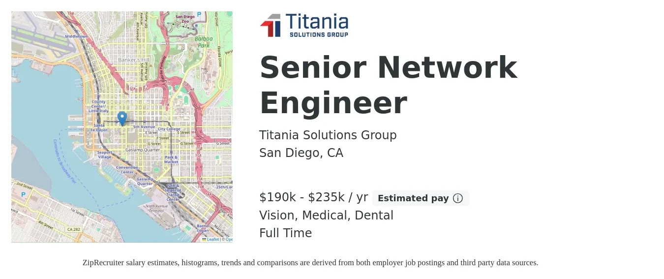 Titania Solutions Group job posting for a Senior Network Engineer in San Diego, CA with a salary of $190,000 to $235,000 Yearly and benefits including dental, life_insurance, medical, retirement, and vision with a map of San Diego location.