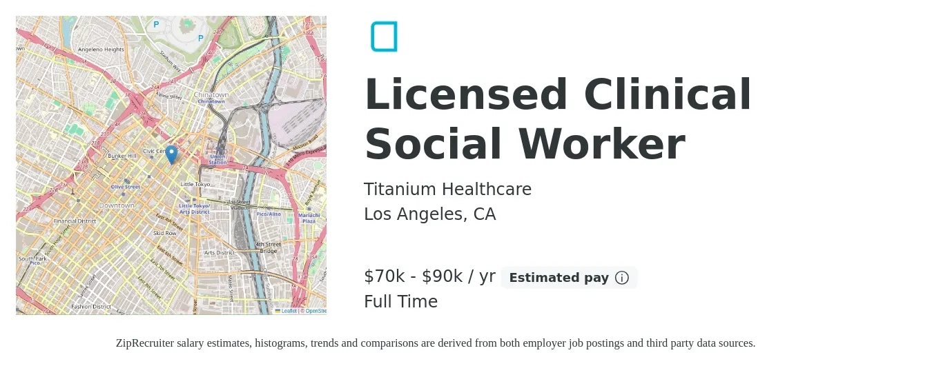 Titanium Healthcare job posting for a Licensed Clinical Social Worker in Los Angeles, CA with a salary of $70,000 to $90,000 Yearly with a map of Los Angeles location.