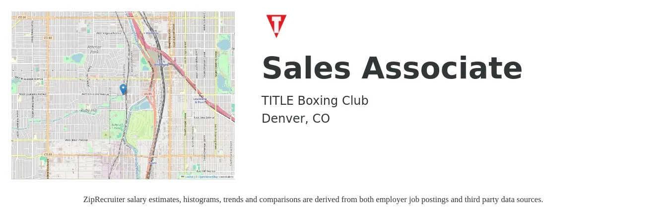TITLE Boxing Club job posting for a Sales Associate in Denver, CO with a salary of $14 Hourly with a map of Denver location.