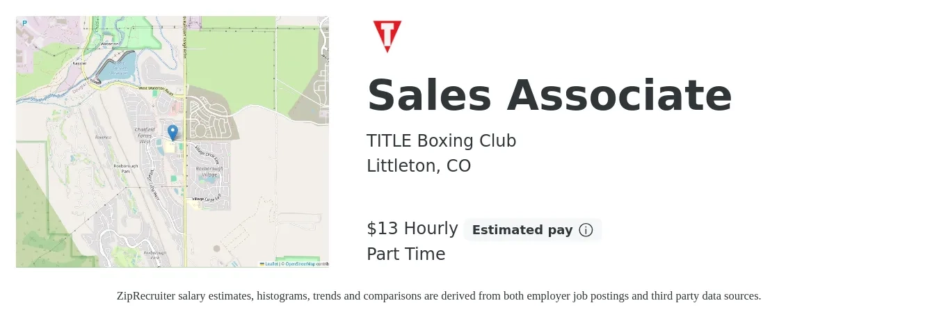 TITLE Boxing Club job posting for a Sales Associate in Littleton, CO with a salary of $14 Hourly with a map of Littleton location.