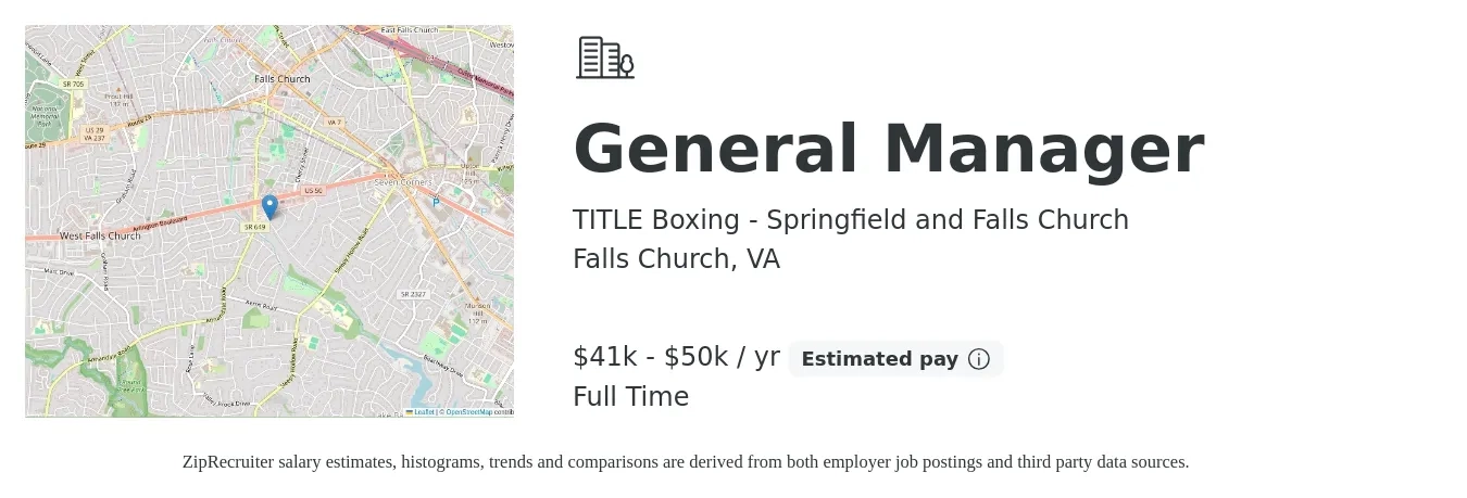 TITLE Boxing - Springfield and Falls Church job posting for a General Manager in Falls Church, VA with a salary of $41,000 to $50,000 Yearly with a map of Falls Church location.