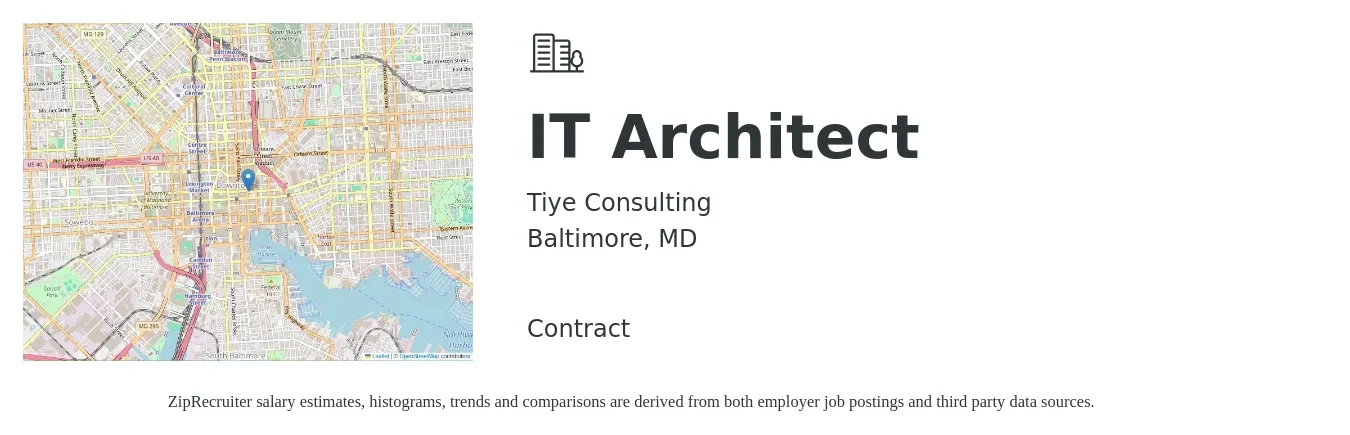Tiye Consulting job posting for a IT Architect in Baltimore, MD with a salary of $48 to $72 Hourly with a map of Baltimore location.