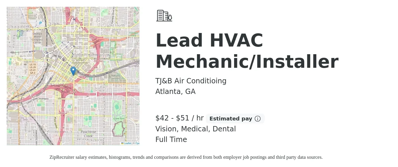 TJ&B Air Conditioing job posting for a Lead HVAC Mechanic/Installer in Atlanta, GA with a salary of $44 to $54 Hourly and benefits including vision, dental, medical, and retirement with a map of Atlanta location.