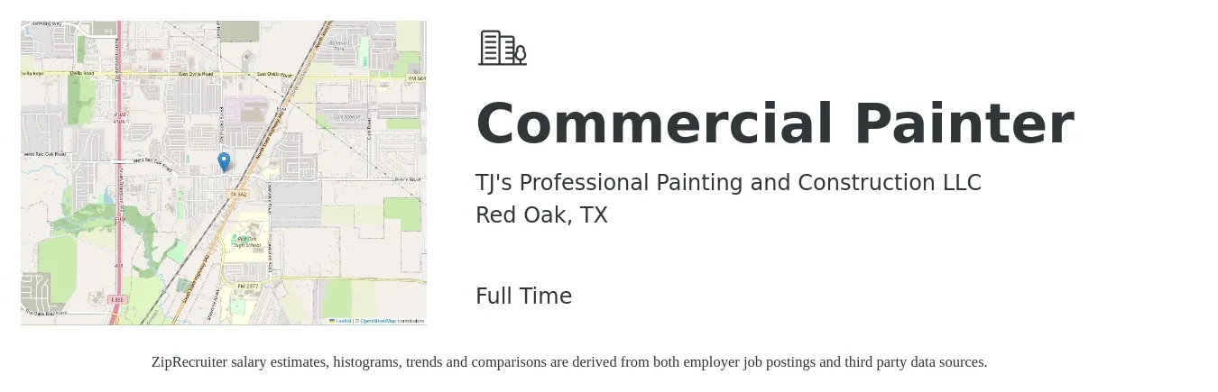 TJ's Professional Painting and Construction, LLC job posting for a Commercial Painter in Red Oak, TX with a salary of $18 to $21 Hourly with a map of Red Oak location.