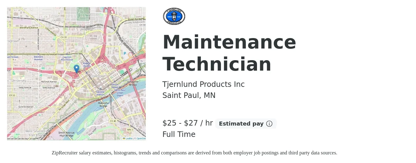 Tjernlund Products Inc job posting for a Maintenance Technician in Saint Paul, MN with a salary of $23 to $25 Hourly with a map of Saint Paul location.