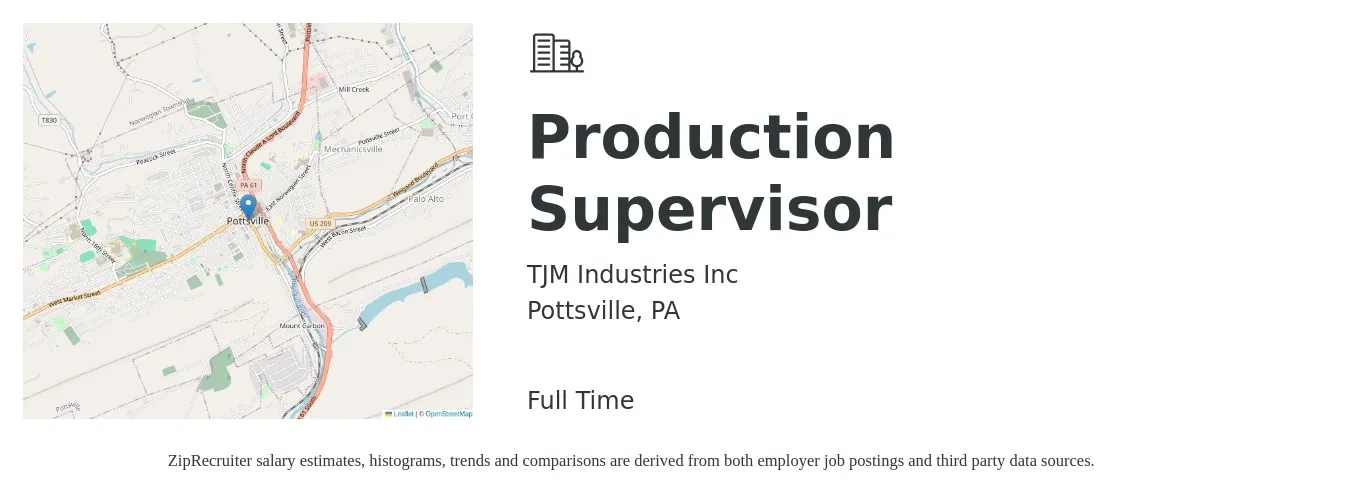 TJM Industries Inc job posting for a Production Supervisor in Pottsville, PA with a salary of $51,200 to $73,700 Yearly with a map of Pottsville location.